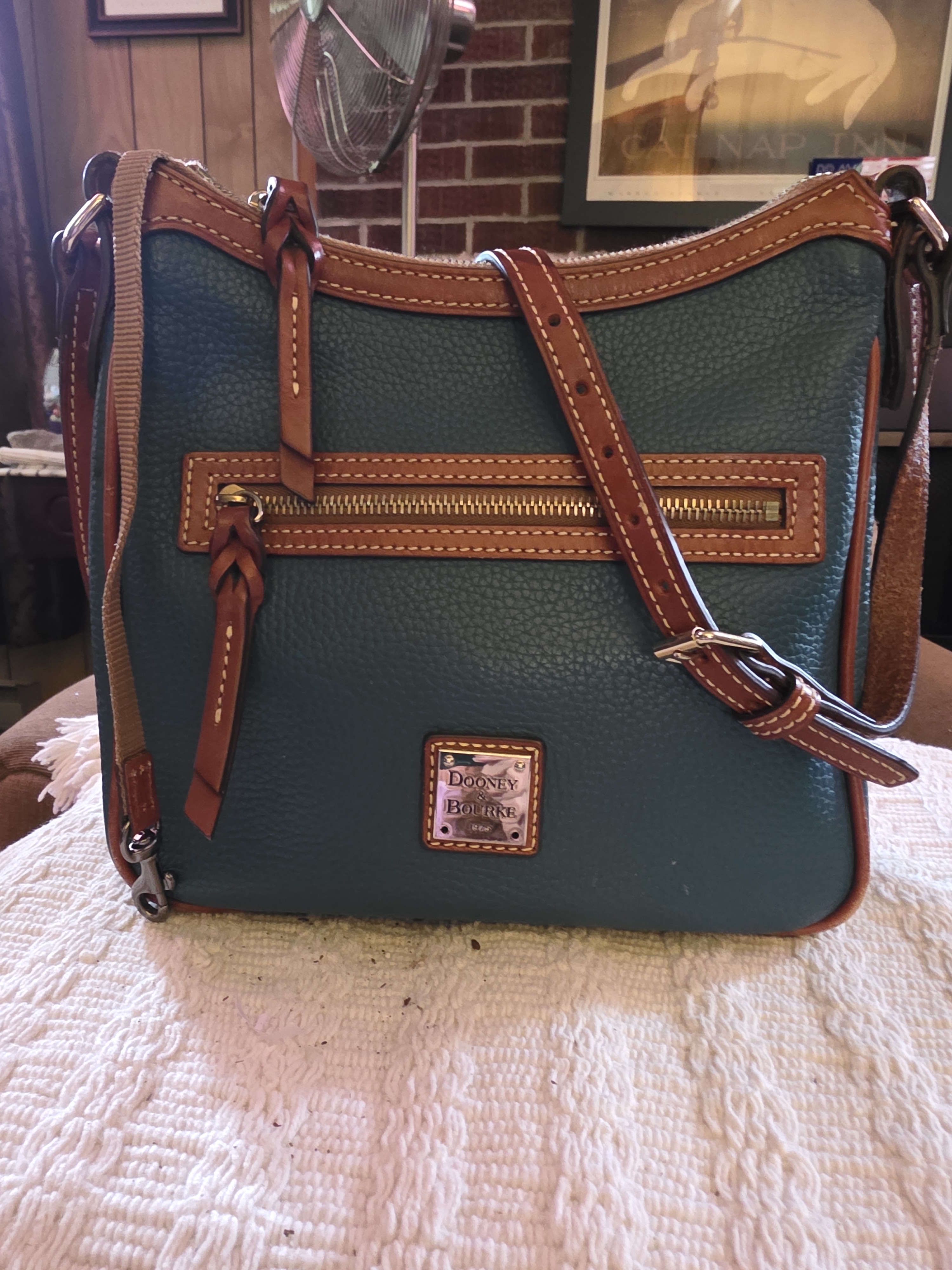 Dooney & Bourke Teal Pebble Leather Crossbody Bag With Brown Trim